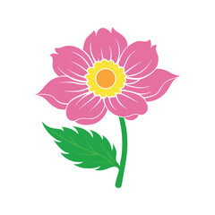 Stylized pink flower illustration with green leaf and stem design isolated on white background