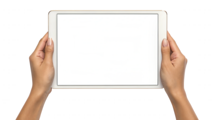 Female hands hold horizontal white digital tablet with blank screen. isolated on white background