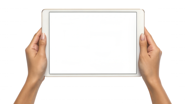 Female hands hold horizontal white digital tablet with blank screen. isolated on white background - Powered by Adobe