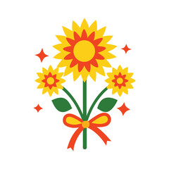 Stylized sunflower bouquet illustration with ribbon and sparkles isolated on white background