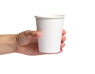 Obraz premium Hand holding white paper cup mockup disposable coffee cup drink on transparent background