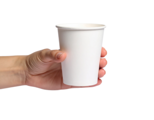 Hand holding white paper cup mockup disposable coffee cup drink on transparent background
