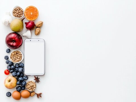 A collection of fresh fruits, nuts, grains, and eggs arranged next to a smartphone on a white surface.