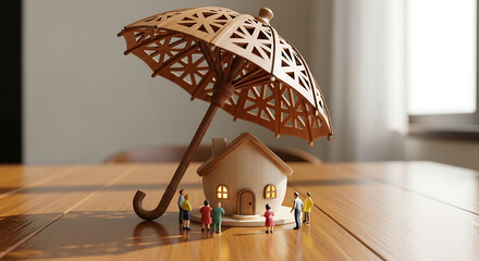A miniature house is sheltered under an umbrella with tiny people standing around, symbolizing home protection, insurance, and the security of property ownership