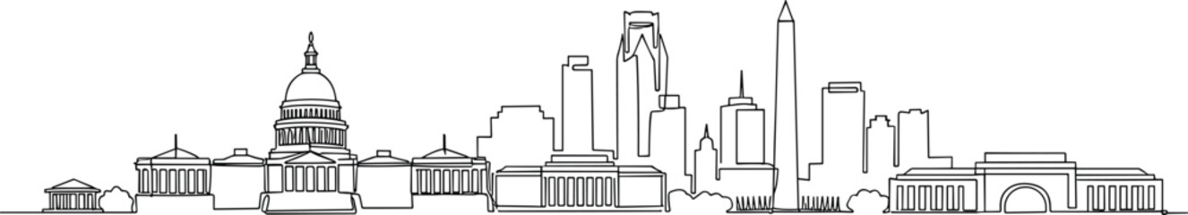 Continuous One Line Drawing of Washington D.C. Skyline, U.S. Capitol Building, Monument, Downtown Cityscape, Travel, Government, Architecture, Minimalist Vector Sketch
