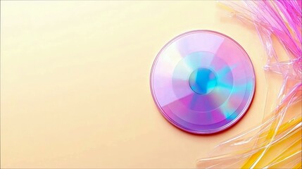 A close-up shot shows a shiny, iridescent CD next to crumpled, colorful plastic wrap on a pale yellow surface.