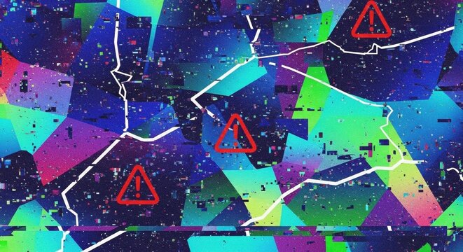 Abstract digital art representing fake news with vibrant colors and glitch effects. Warning signs are scattered throughout the composition, symbolizing misinformation.