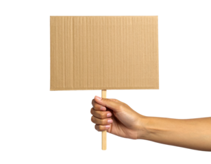 Hand holding blank cardboard sign for protest or advertisement on transparent background