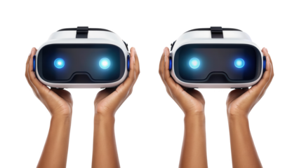 Human hands holding advanced virtual reality headsets with glowing lenses isolated on white background
