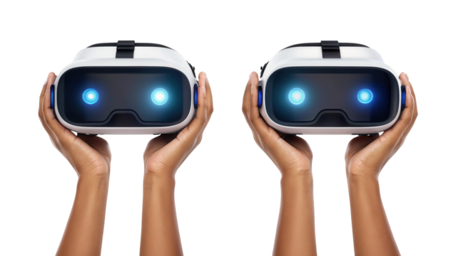 Human hands holding advanced virtual reality headsets with glowing lenses isolated on white background