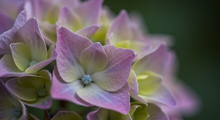 Close up of delicate hydrangea blossoms in soft purple and green hues