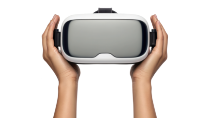 Hands holding a modern white virtual reality headset on display isolated on white background