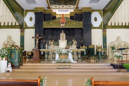 Catholic Church Altar and Sanctuary Interior Prepared for Worship