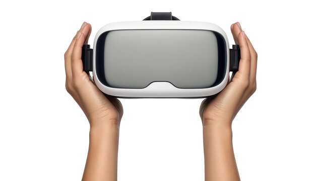 Hands holding a modern white virtual reality headset on display isolated on white background