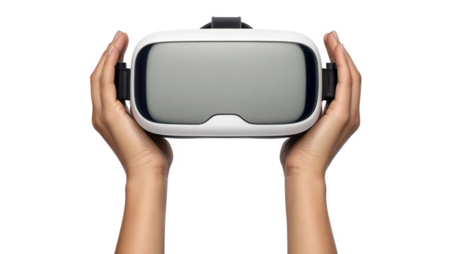 Hands holding a modern white virtual reality headset on display isolated on white background