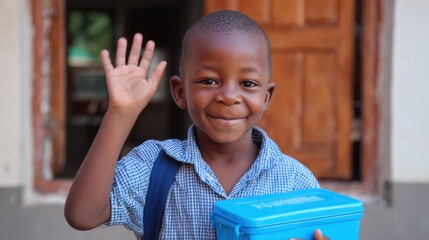 A smiling boy with a checked shirt waves his hand while holding a blue lunchbox near his school. He looks happy and ready for a fun day ahead, enjoying a moment outside.