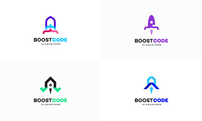 Set of Code Boost logo designs concept vector, Coding with rocket symbol
