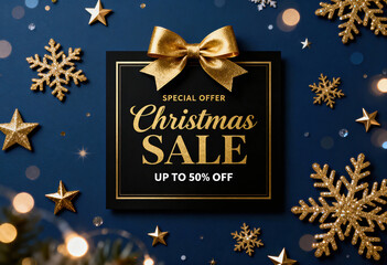 Christmassy sale promotion with golden bow and snowflakes on blue background, beautiful seasonal decor layout, topview winter