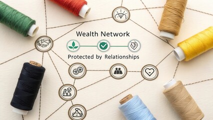 Conceptual Illustration of Wealth Network Linked by Relationships and Community Values with Spools of Thread
