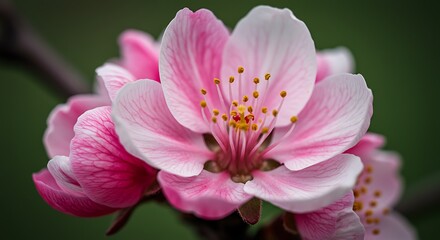 Close up of delicate pink and white cherry blossom flower blossoming