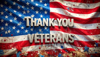 Patriotic Thank You Veterans message on a weathered and grungy USA flag.