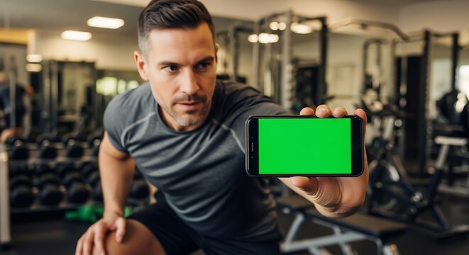 Fit personal trainer holding a horizontal mobile phone with a chroma key screen for mockup advertisement