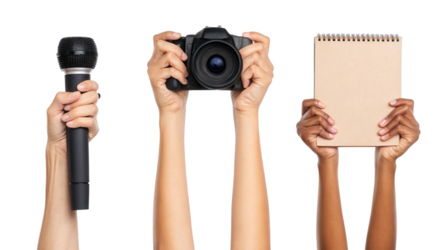 Hands holding microphone, camera, and notebook for news media isolated on white background - Powered by Adobe
