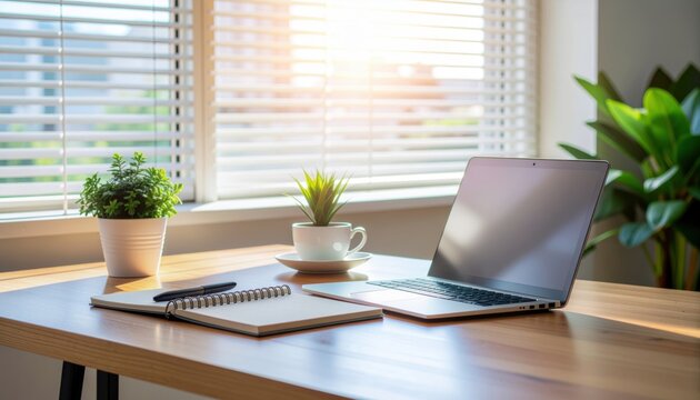A laptop, notepad, and plants sit on a sunlit wooden desk near a window.