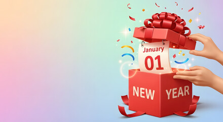 Unboxing new year excitement revealing January 1st on calendar with confetti and celebratory vibes