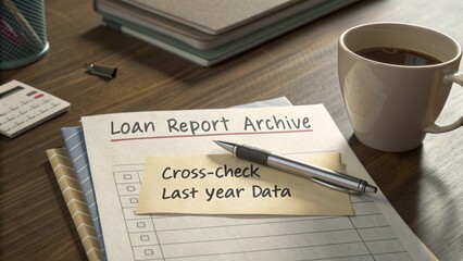 Organized workspace with loan report archive, coffee cup, pen, and notebook for financial data management and analysis