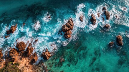Rocky formations emerge from vibrant turquoise waters where waves break energetically. The sun shines brightly on this coastal landscape, creating a serene yet dynamic scene.