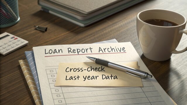 Organized workspace with loan report archive, coffee cup, pen, and notebook for financial data management and analysis - Powered by Adobe