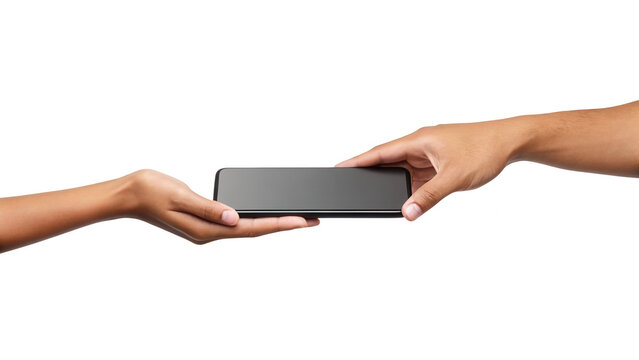 Diverse hands exchanging modern smartphone with blank screen isolated on white background