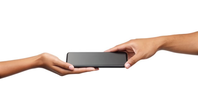 Diverse hands exchanging modern smartphone with blank screen isolated on white background