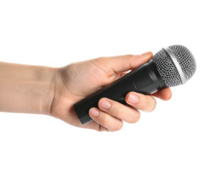 Hand holding microphone wireless mic singing karaoke interview on transparent background