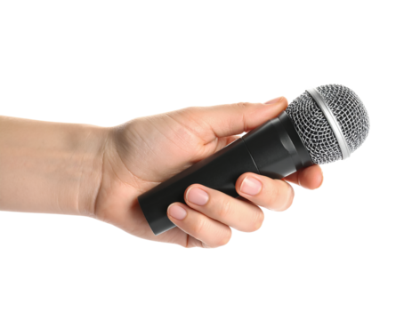 Hand holding microphone wireless mic singing karaoke interview on transparent background