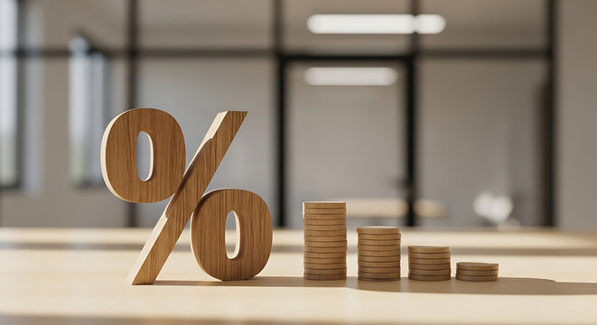 A wooden percentage sign with descending bar graphs on a table in an office setting, representing interest rates, financial decline, and economic trends - Powered by Adobe