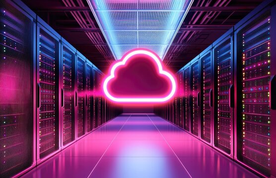 Cloud data center corridor with glowing neon cloud icon, ideal for IT presentations, digital infrastructure reports, network system visuals, and modern technology workflow concepts