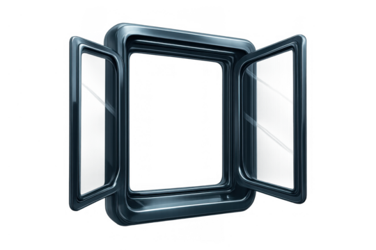 Open metallic window frame representing new opportunities, a portal to new ideas, and a gateway to the unknown, transparent background
