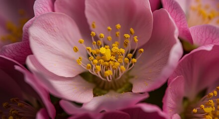 Close up of delicate pink blossoms with yellow centers showcasing natures beauty