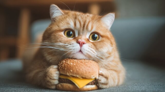 A fluffy orange cat with large eyes lays on a soft couch, gripping a cheeseburger with its paws. The cozy living room setting creates a warm and playful atmosphere.