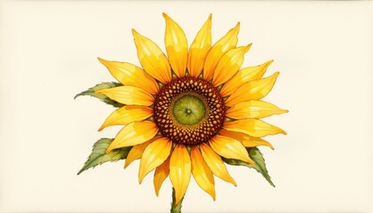 Fototapeta premium Yellow sunflower with green leaves on white background bright yellow sunflower head with verdant green leaves contrasting against a clean white backdrop
