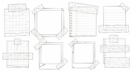 Collection of Hand Drawn Sticky Notes and Paper Scraps with Tape.