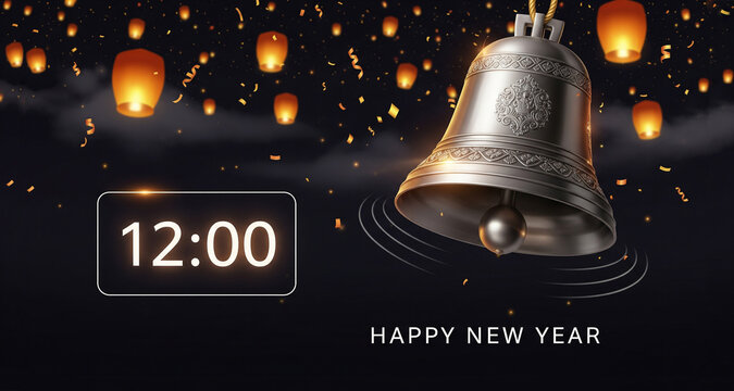 Happy New Year's Midnight Ringing Bell Celebration with Digital Countdown Timer, Floating Lanterns, and Golden Confetti on a Dark Background