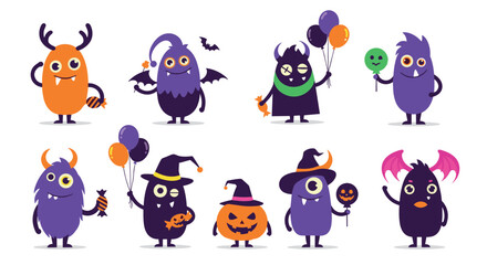A cheerful collection of cartoon Halloween monsters, dressed in spooky costumes, holding candy and balloons, celebrating the holiday.