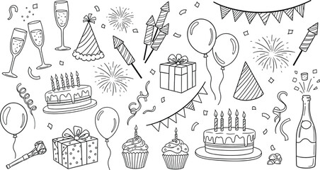 A black and white vector illustration depicting various elements associated with a birthday celebration. The collection includes party hats, birthday cakes with candles, gift boxes, balloons, 