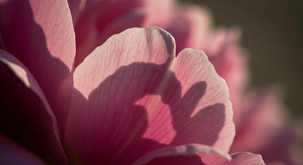 Close up of delicate pink flower petals in sunlight with soft focus detail