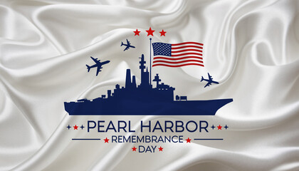Pearl Harbor Remembrance Day illustration with warship aircraft and American flag.