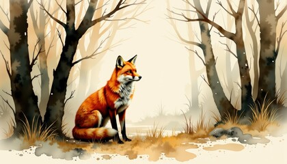 Wild fox observing surroundings in dense forest observing beautiful wild fox resting peacefully amidst towering trees and lush forest foliage