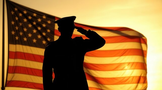 Silhouette of a soldier saluting the american flag during a sunset